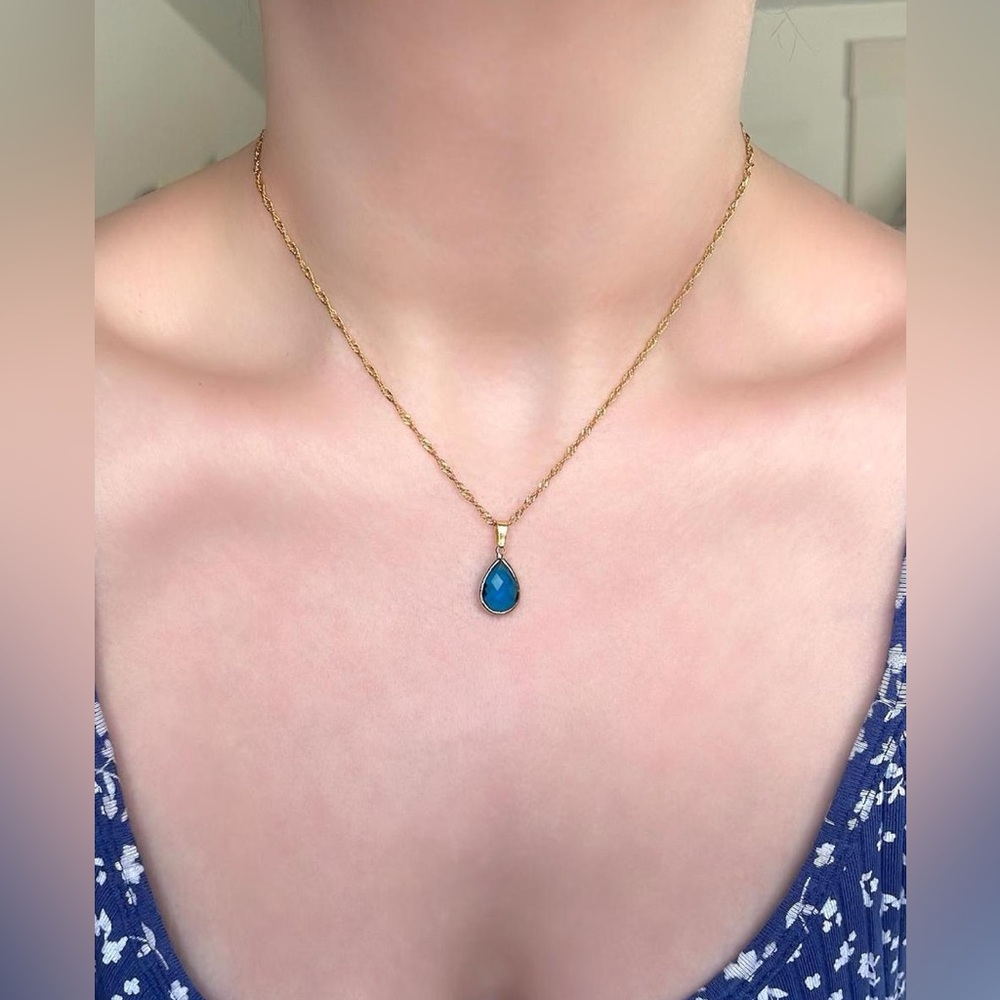 Gold Blue Capri Gemstone Crystal Pendant Necklace